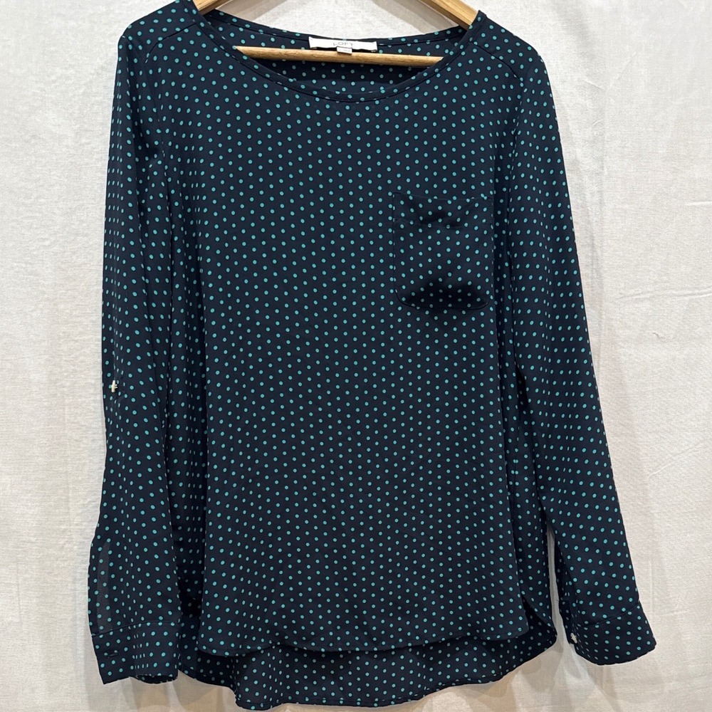 Loft Navy Blue Teal Polka Dot Roll Tab Sleeve Blouse Top Medium High Low Pocket